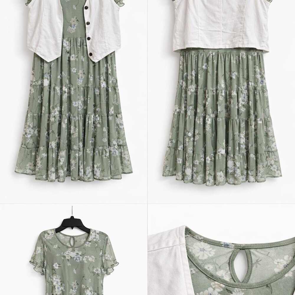 💥🚀💥 KnitWorks Girls Floral 22 Plus NWT Fits Juniors M Sage Boho Dress - Picture 2 of 6